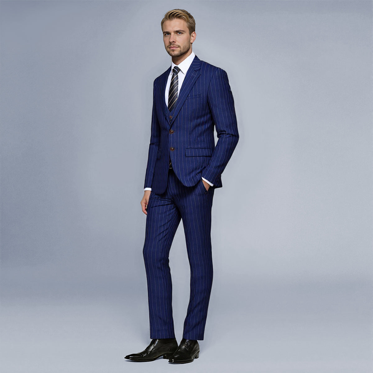 Navy # Men's slim fit 3-piece stripe design suit with notched lapel and button closure, navy blue striped formal blazer jacket with matching vest and flat-front trousers, breathable viscose polyester spandex blend suit for business, office, wedding and daily wear, isolated on white background.