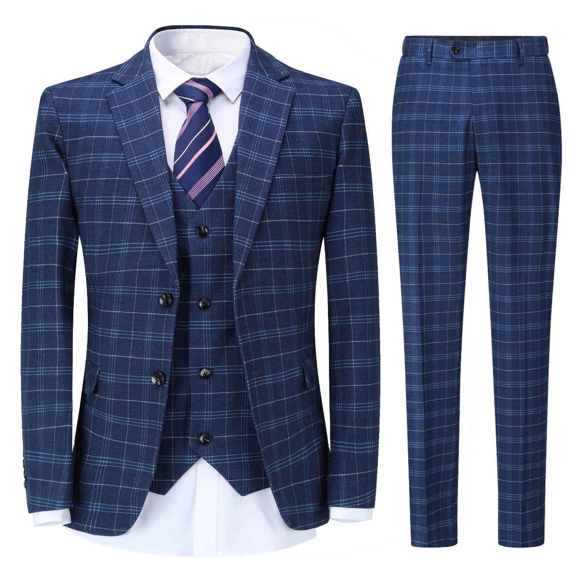 Navy # Men's slim fit 3-piece vintage plaid suit with peaked lapel and button closure, navy formal blazer jacket with matching vest and flat-front trousers with extended waist strap and slanted side pockets, elegant polyester viscose blend suit for business, wedding, office and daily wear, isolated on white background.