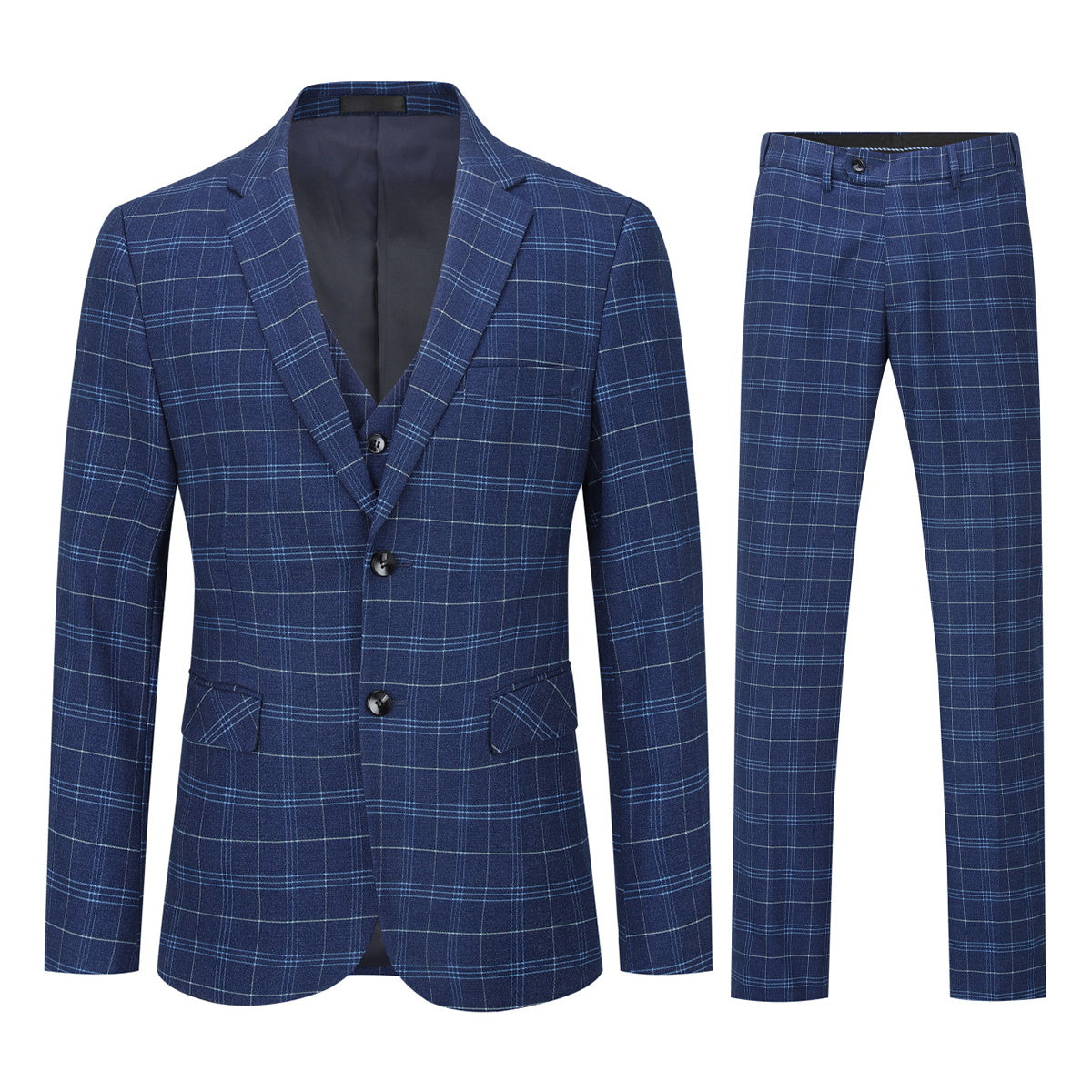 Navy # Men's slim fit 3-piece vintage plaid suit with peaked lapel and button closure, navy formal blazer jacket with matching vest and flat-front trousers with extended waist strap and slanted side pockets, elegant polyester viscose blend suit for business, wedding, office and daily wear, isolated on white background.