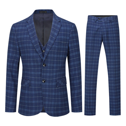 Navy # Men's slim fit 3-piece vintage plaid suit with peaked lapel and button closure, navy formal blazer jacket with matching vest and flat-front trousers with extended waist strap and slanted side pockets, elegant polyester viscose blend suit for business, wedding, office and daily wear, isolated on white background.