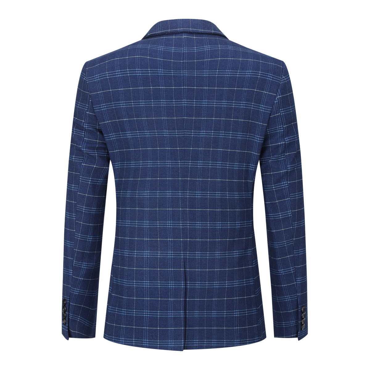 Navy # Men's slim fit 3-piece vintage plaid suit with peaked lapel and button closure, navy formal blazer jacket with matching vest and flat-front trousers with extended waist strap and slanted side pockets, elegant polyester viscose blend suit for business, wedding, office and daily wear, isolated on white background.