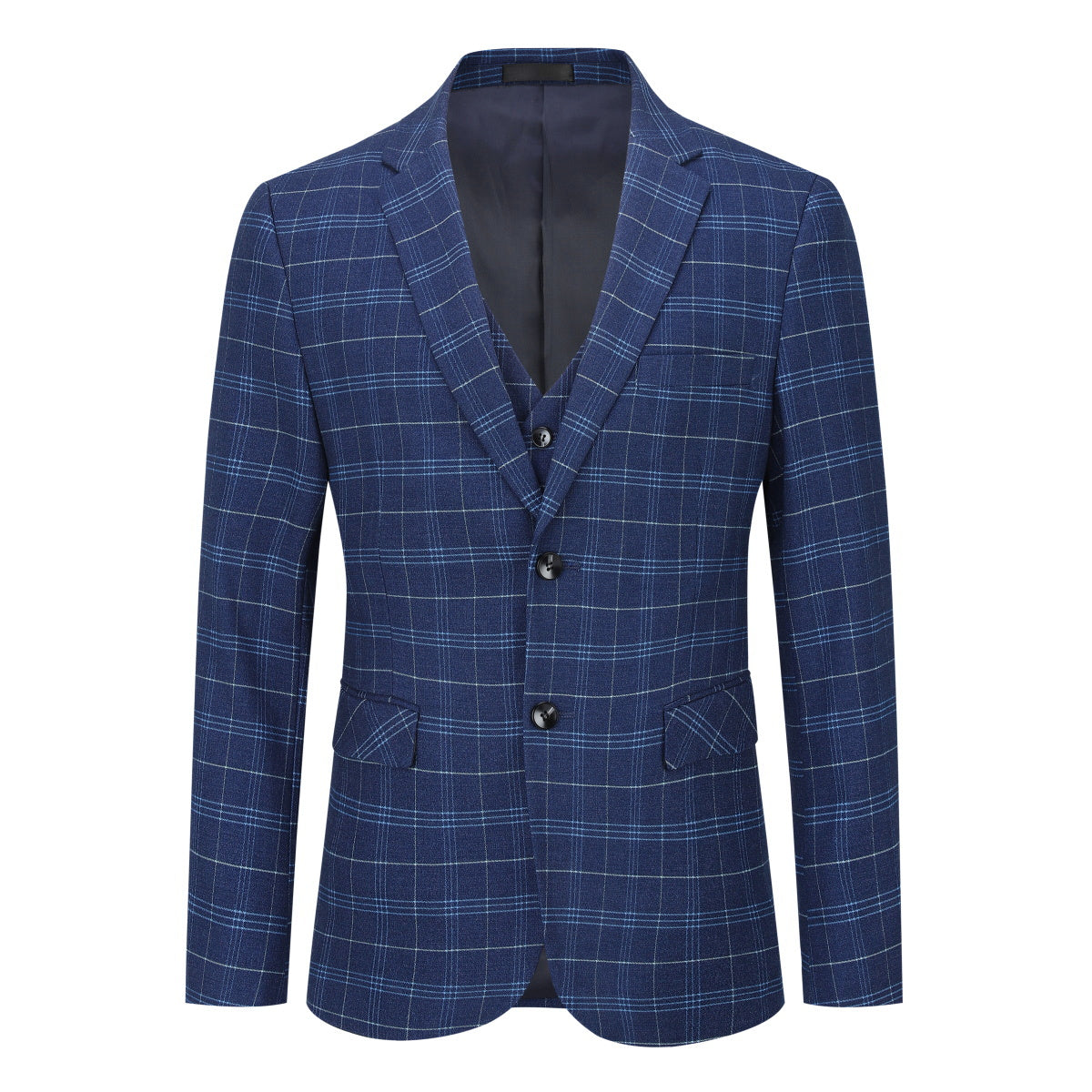 Navy # Men's slim fit 3-piece vintage plaid suit with peaked lapel and button closure, navy formal blazer jacket with matching vest and flat-front trousers with extended waist strap and slanted side pockets, elegant polyester viscose blend suit for business, wedding, office and daily wear, isolated on white background.