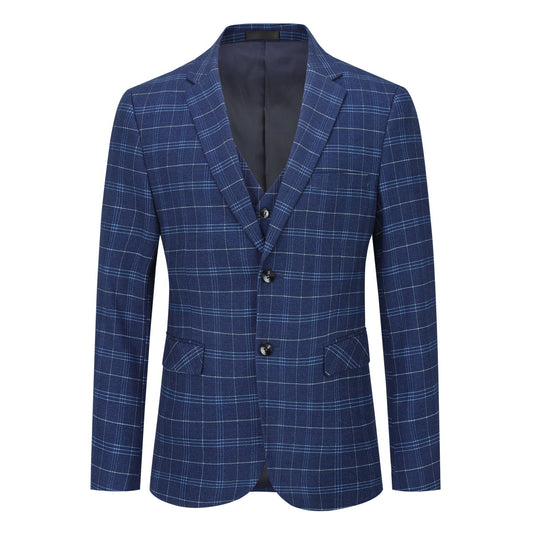 Navy # Men's slim fit 3-piece vintage plaid suit with peaked lapel and button closure, navy formal blazer jacket with matching vest and flat-front trousers with extended waist strap and slanted side pockets, elegant polyester viscose blend suit for business, wedding, office and daily wear, isolated on white background.