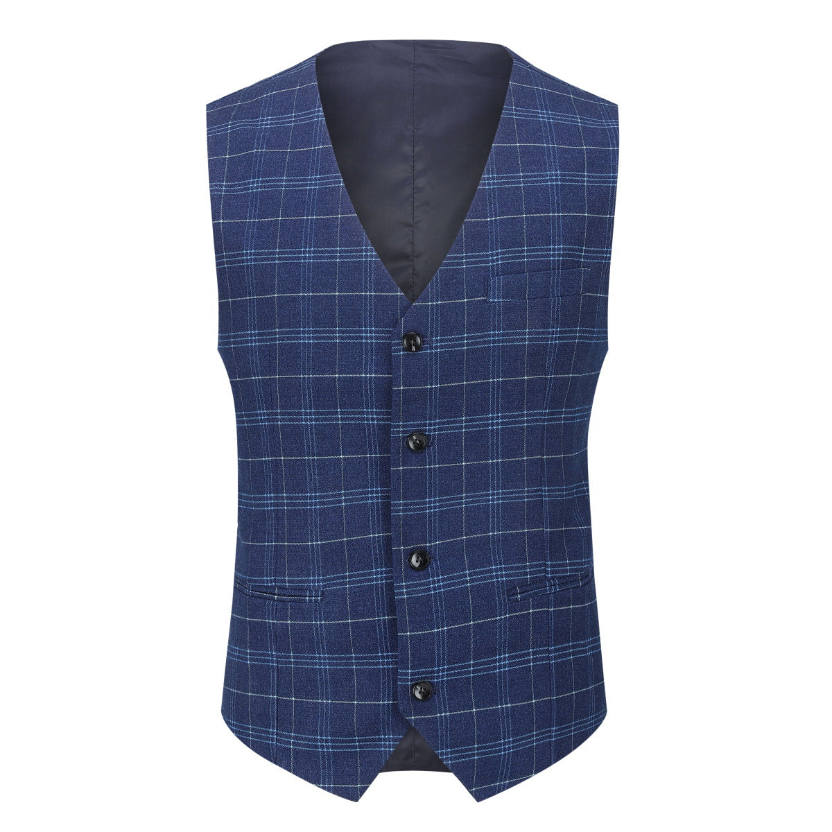 Navy # Men's slim fit 3-piece vintage plaid suit with peaked lapel and button closure, navy formal blazer jacket with matching vest and flat-front trousers with extended waist strap and slanted side pockets, elegant polyester viscose blend suit for business, wedding, office and daily wear, isolated on white background.