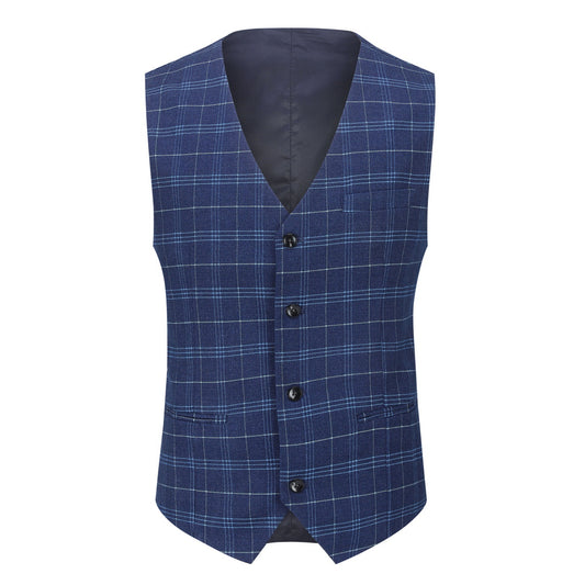 Navy # Men's slim fit 3-piece vintage plaid suit with peaked lapel and button closure, navy formal blazer jacket with matching vest and flat-front trousers with extended waist strap and slanted side pockets, elegant polyester viscose blend suit for business, wedding, office and daily wear, isolated on white background.