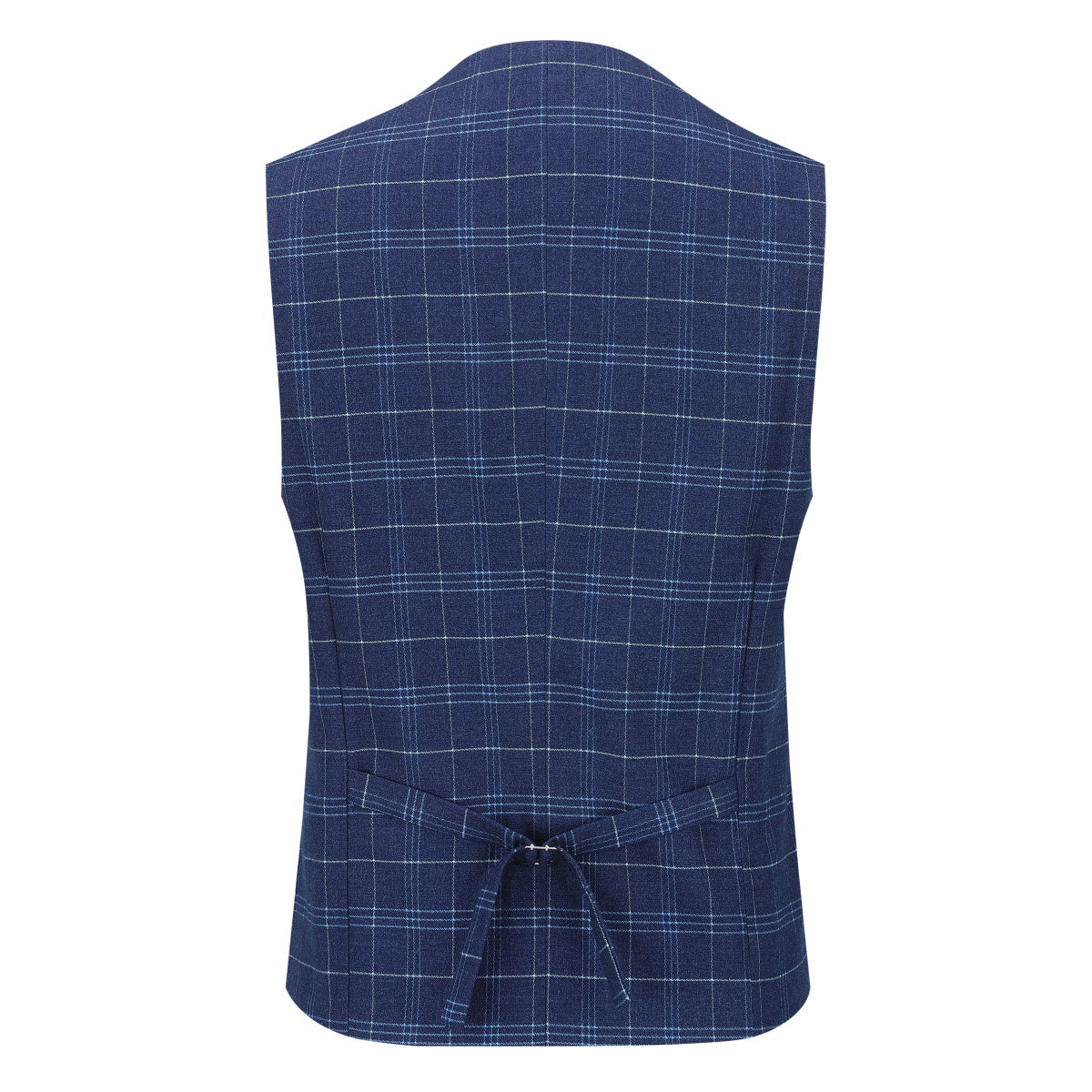 Navy # Men's slim fit 3-piece vintage plaid suit with peaked lapel and button closure, navy formal blazer jacket with matching vest and flat-front trousers with extended waist strap and slanted side pockets, elegant polyester viscose blend suit for business, wedding, office and daily wear, isolated on white background.