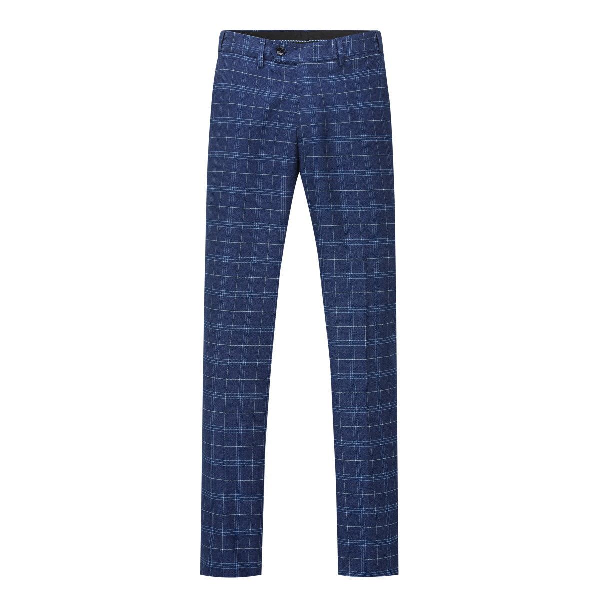 Navy # Men's slim fit 3-piece vintage plaid suit with peaked lapel and button closure, navy formal blazer jacket with matching vest and flat-front trousers with extended waist strap and slanted side pockets, elegant polyester viscose blend suit for business, wedding, office and daily wear, isolated on white background.