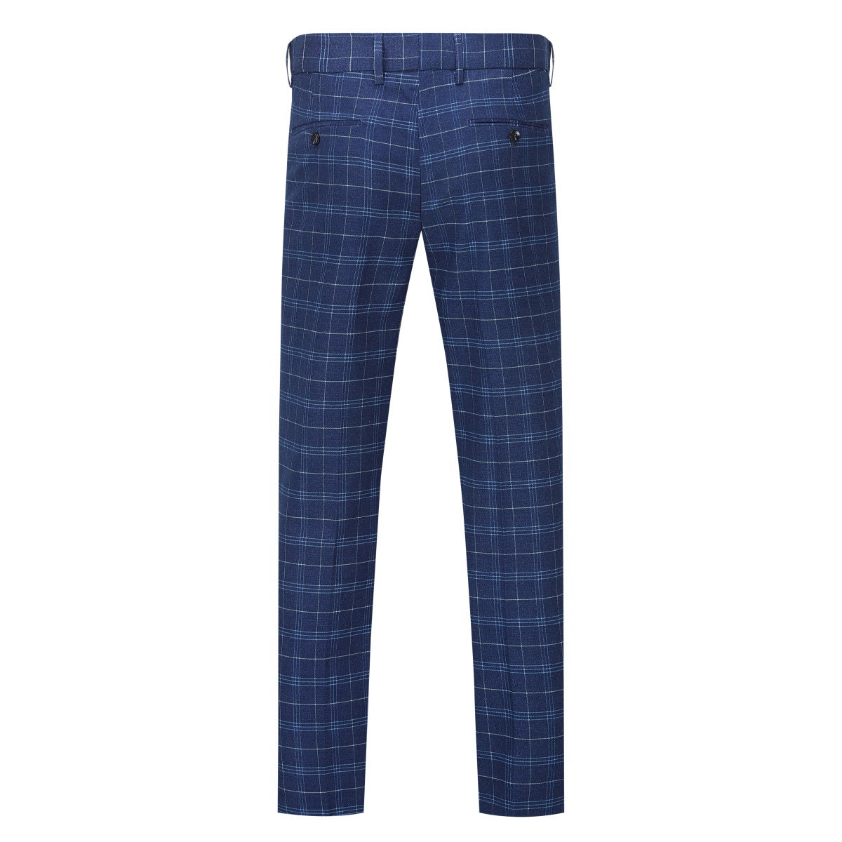Navy # Men's slim fit 3-piece vintage plaid suit with peaked lapel and button closure, navy formal blazer jacket with matching vest and flat-front trousers with extended waist strap and slanted side pockets, elegant polyester viscose blend suit for business, wedding, office and daily wear, isolated on white background.