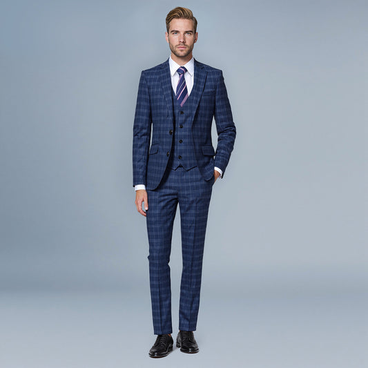 Navy # Men's slim fit 3-piece vintage plaid suit with peaked lapel and button closure, navy formal blazer jacket with matching vest and flat-front trousers with extended waist strap and slanted side pockets, elegant polyester viscose blend suit for business, wedding, office and daily wear, isolated on white background.