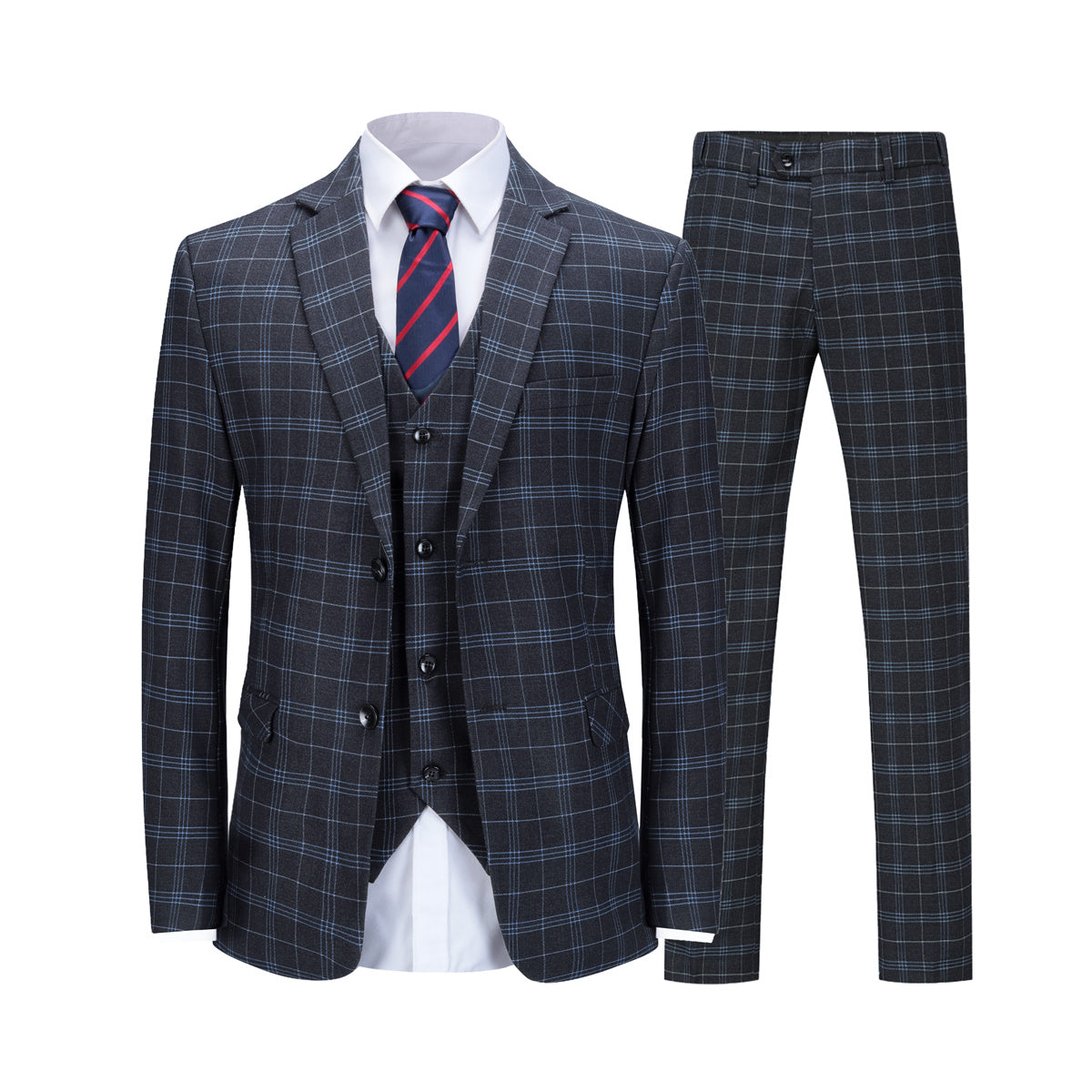 Black # Men's 3-piece slim fit vintage plaid suit with peaked lapel and button closure, black checkered formal blazer jacket with matching vest and flat-front trousers with extended waist strap and slanted side pockets, elegant polyester viscose blend vintage suit for business, wedding, office and daily wear, isolated on white background.