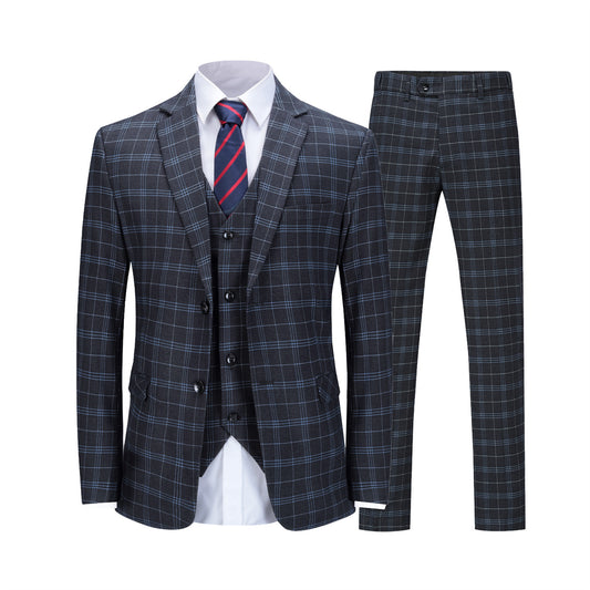 Black # Men's 3-piece slim fit vintage plaid suit with peaked lapel and button closure, black checkered formal blazer jacket with matching vest and flat-front trousers with extended waist strap and slanted side pockets, elegant polyester viscose blend vintage suit for business, wedding, office and daily wear, isolated on white background.