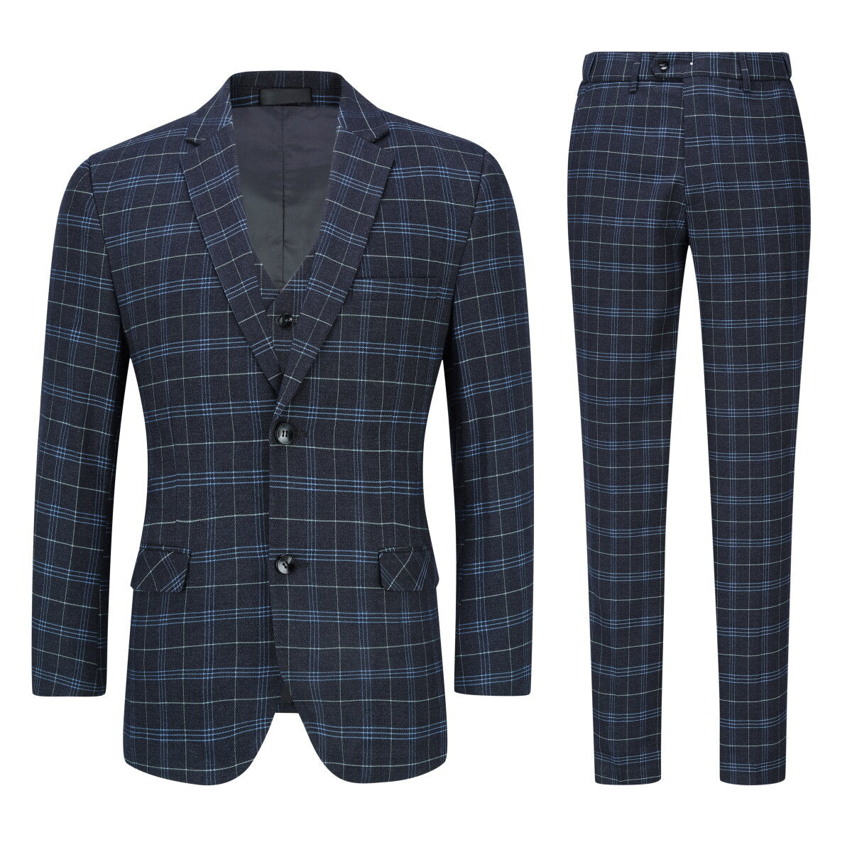 Black # Men's 3-piece slim fit vintage plaid suit with peaked lapel and button closure, black checkered formal blazer jacket with matching vest and flat-front trousers with extended waist strap and slanted side pockets, elegant polyester viscose blend vintage suit for business, wedding, office and daily wear, isolated on white background.