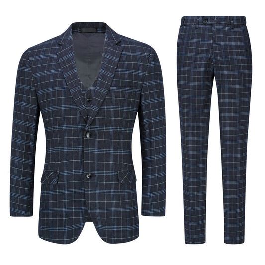 Black # Men's 3-piece slim fit vintage plaid suit with peaked lapel and button closure, black checkered formal blazer jacket with matching vest and flat-front trousers with extended waist strap and slanted side pockets, elegant polyester viscose blend vintage suit for business, wedding, office and daily wear, isolated on white background.