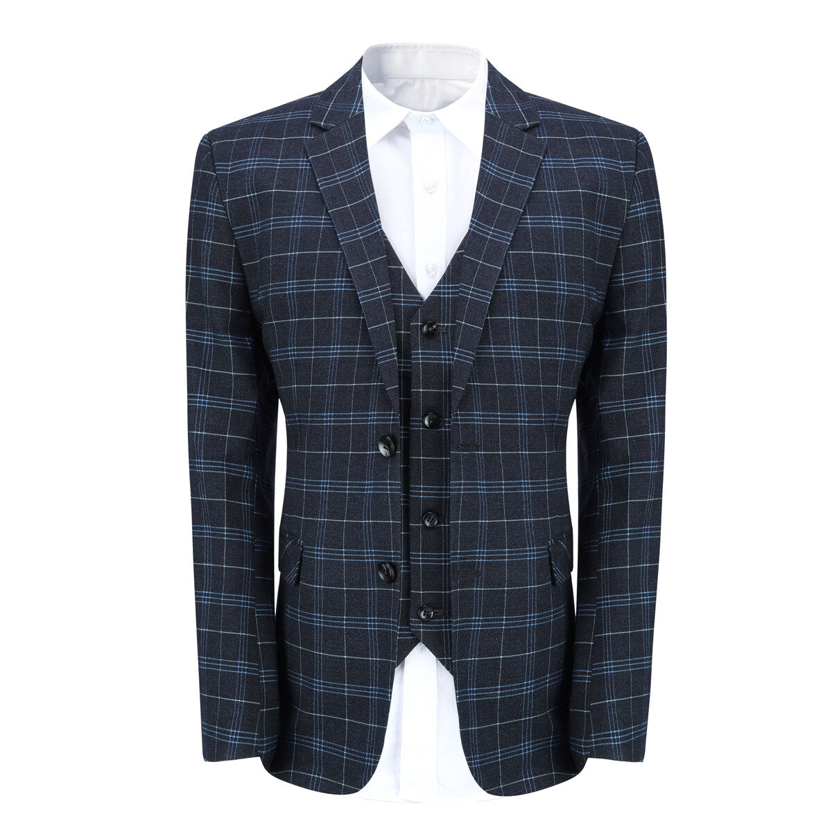 Black # Men's 3-piece slim fit vintage plaid suit with peaked lapel and button closure, black checkered formal blazer jacket with matching vest and flat-front trousers with extended waist strap and slanted side pockets, elegant polyester viscose blend vintage suit for business, wedding, office and daily wear, isolated on white background.