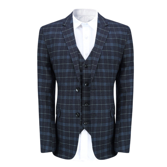 Black # Men's 3-piece slim fit vintage plaid suit with peaked lapel and button closure, black checkered formal blazer jacket with matching vest and flat-front trousers with extended waist strap and slanted side pockets, elegant polyester viscose blend vintage suit for business, wedding, office and daily wear, isolated on white background.