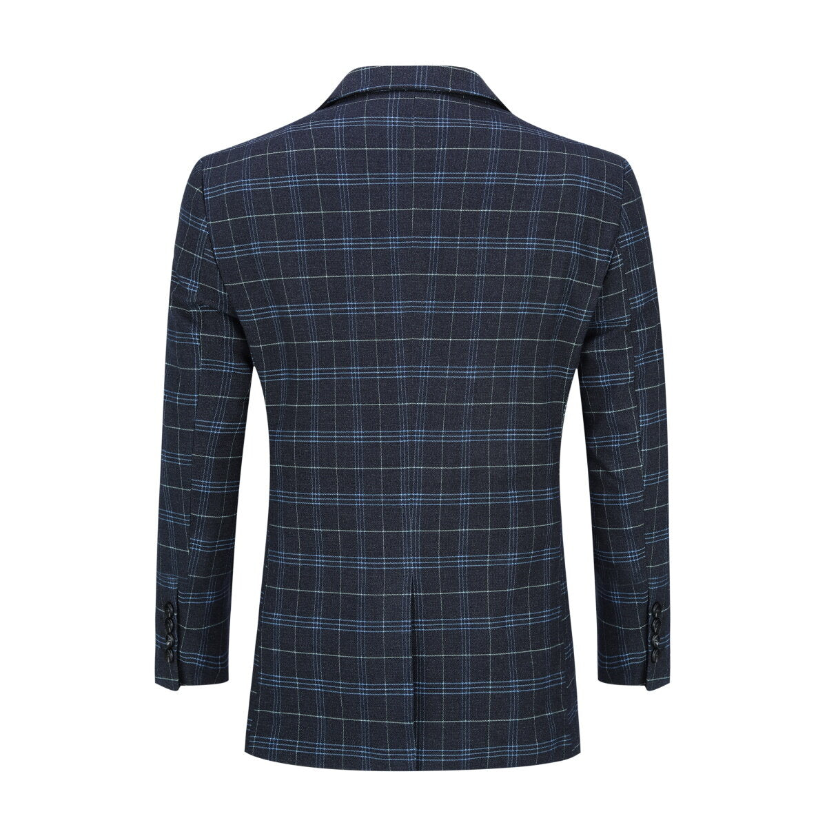 Black # Men's 3-piece slim fit vintage plaid suit with peaked lapel and button closure, black checkered formal blazer jacket with matching vest and flat-front trousers with extended waist strap and slanted side pockets, elegant polyester viscose blend vintage suit for business, wedding, office and daily wear, isolated on white background.