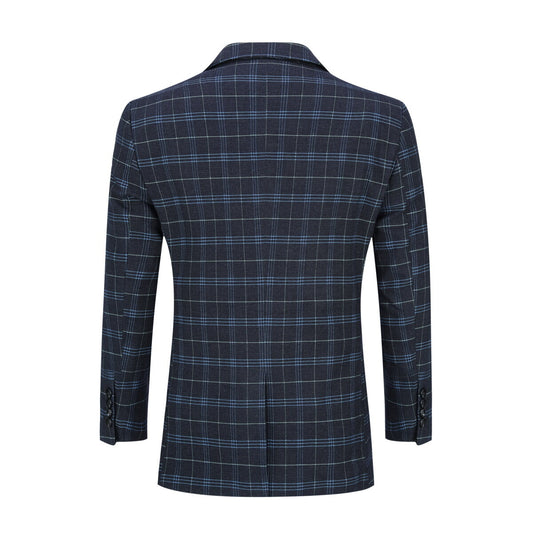 Black # Men's 3-piece slim fit vintage plaid suit with peaked lapel and button closure, black checkered formal blazer jacket with matching vest and flat-front trousers with extended waist strap and slanted side pockets, elegant polyester viscose blend vintage suit for business, wedding, office and daily wear, isolated on white background.