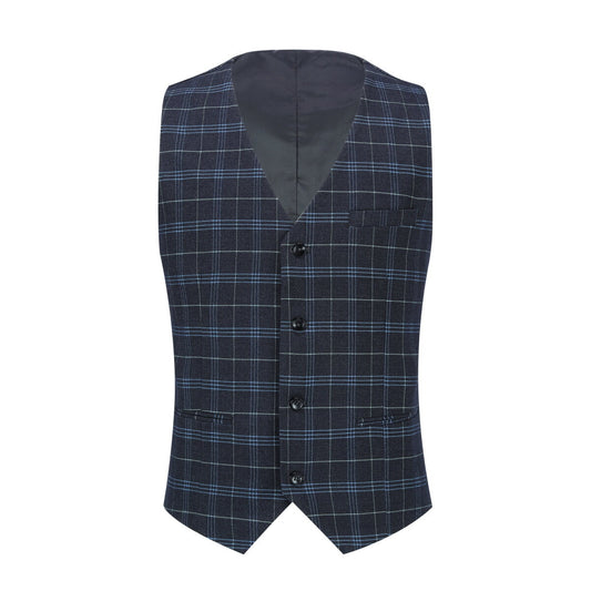 Black # Men's 3-piece slim fit vintage plaid suit with peaked lapel and button closure, black checkered formal blazer jacket with matching vest and flat-front trousers with extended waist strap and slanted side pockets, elegant polyester viscose blend vintage suit for business, wedding, office and daily wear, isolated on white background.