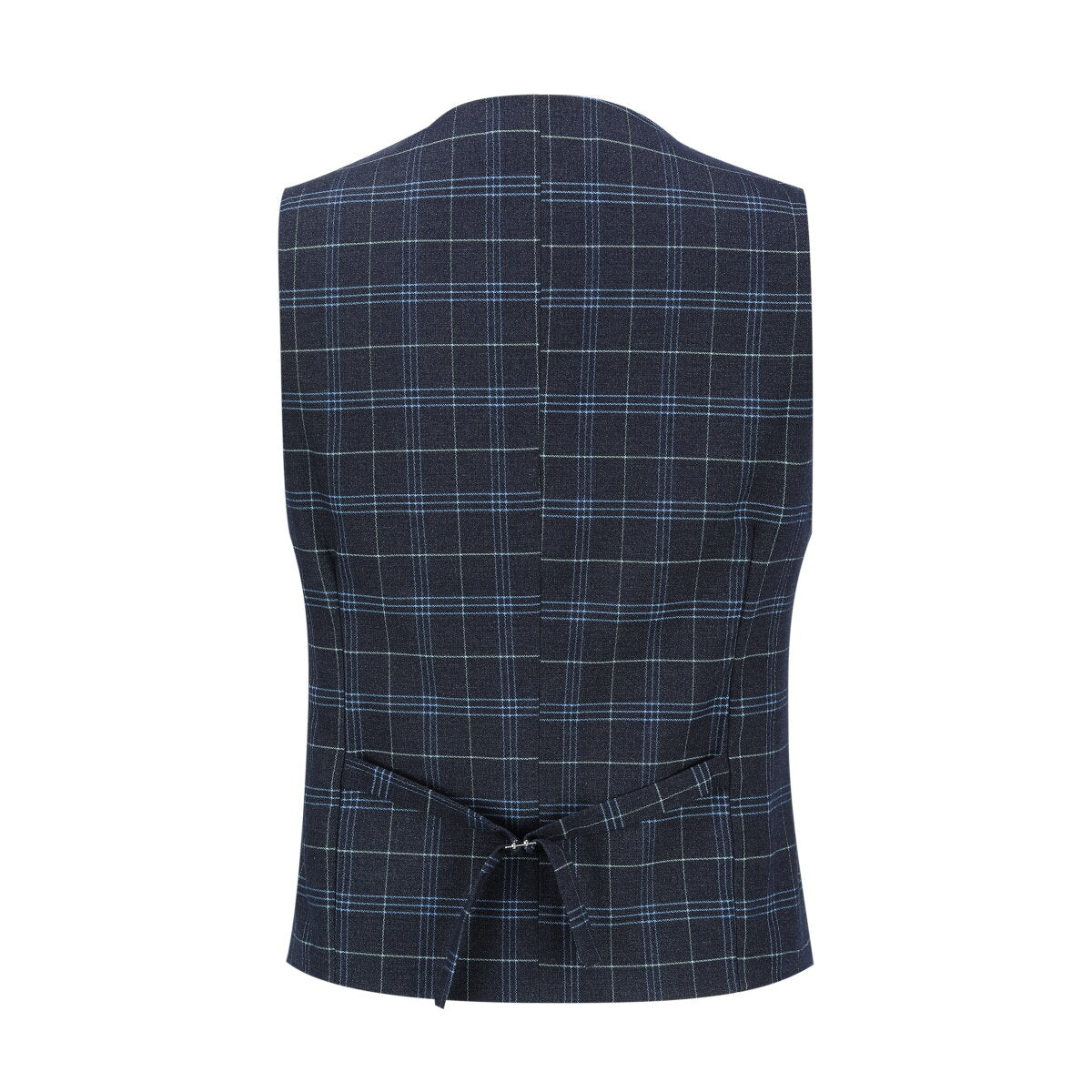 Black # Men's 3-piece slim fit vintage plaid suit with peaked lapel and button closure, black checkered formal blazer jacket with matching vest and flat-front trousers with extended waist strap and slanted side pockets, elegant polyester viscose blend vintage suit for business, wedding, office and daily wear, isolated on white background.