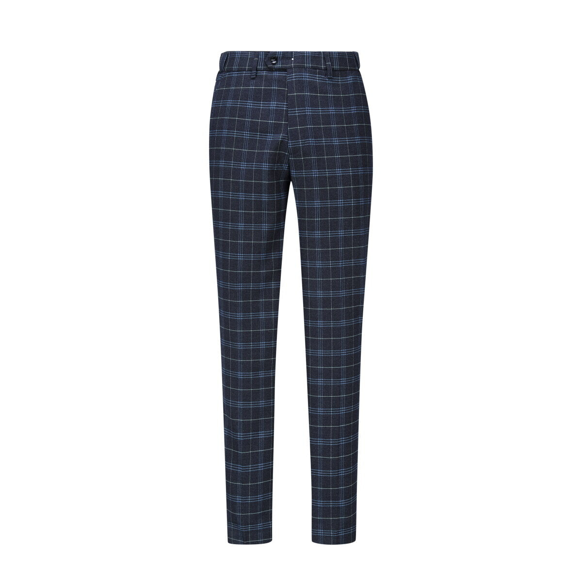 Black # Men's 3-piece slim fit vintage plaid suit with peaked lapel and button closure, black checkered formal blazer jacket with matching vest and flat-front trousers with extended waist strap and slanted side pockets, elegant polyester viscose blend vintage suit for business, wedding, office and daily wear, isolated on white background.