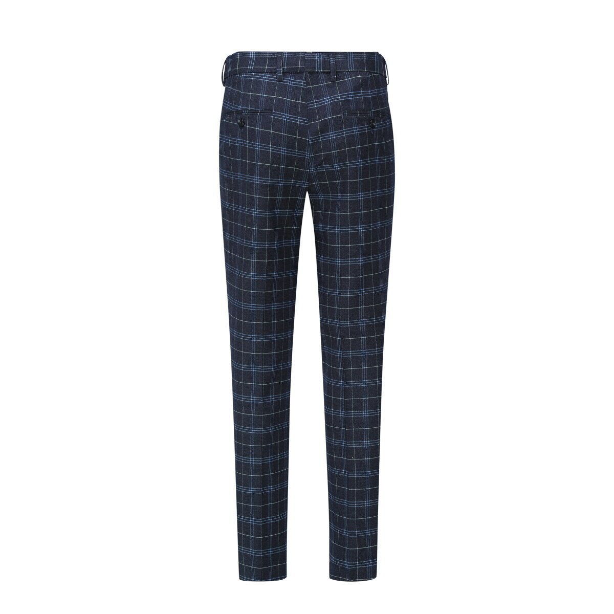 Black # Men's 3-piece slim fit vintage plaid suit with peaked lapel and button closure, black checkered formal blazer jacket with matching vest and flat-front trousers with extended waist strap and slanted side pockets, elegant polyester viscose blend vintage suit for business, wedding, office and daily wear, isolated on white background.