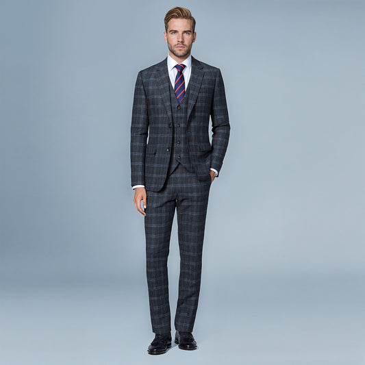 Black # Men's 3-piece slim fit vintage plaid suit with peaked lapel and button closure, black checkered formal blazer jacket with matching vest and flat-front trousers with extended waist strap and slanted side pockets, elegant polyester viscose blend vintage suit for business, wedding, office and daily wear, isolated on white background.