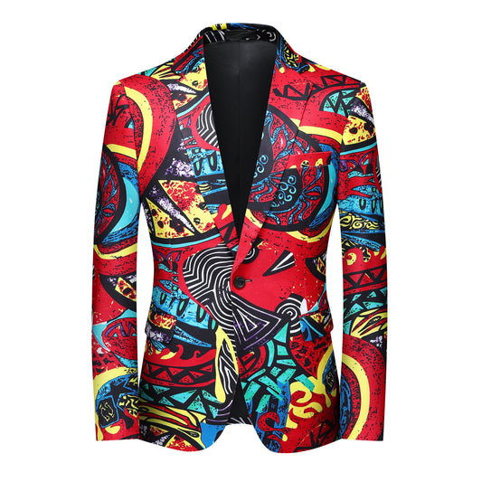 Red # Men's one-button printed casual blazer with notch lapel and slim fit, stylish red patterned sport coat jacket with soft polyester spandex fabric for party, prom, banquet, performance, festival and daily wear, isolated on white background.