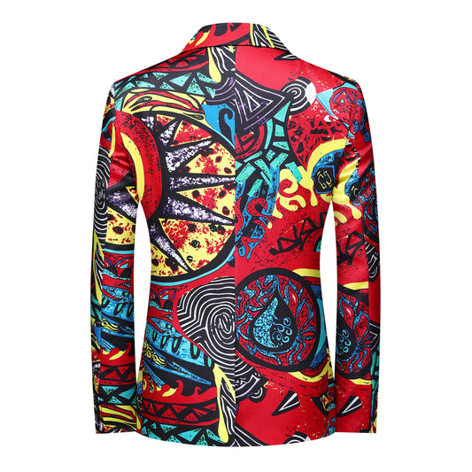 Red # Men's one-button printed casual blazer with notch lapel and slim fit, stylish red patterned sport coat jacket with soft polyester spandex fabric for party, prom, banquet, performance, festival and daily wear, isolated on white background.