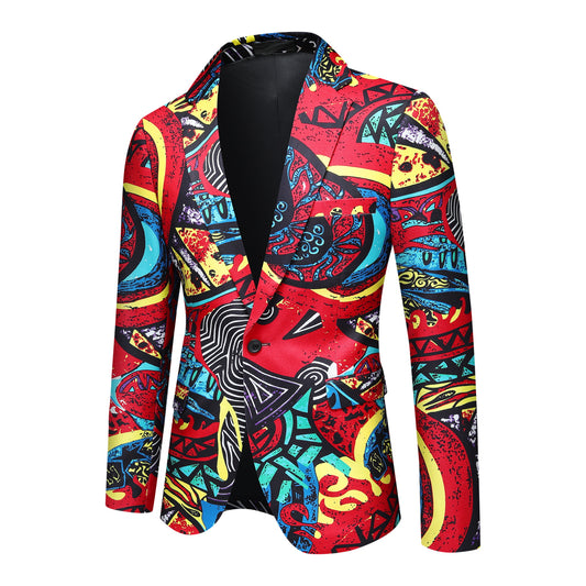 Red # Men's one-button printed casual blazer with notch lapel and slim fit, stylish red patterned sport coat jacket with soft polyester spandex fabric for party, prom, banquet, performance, festival and daily wear, isolated on white background.