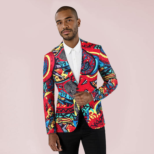 Red # Men's one-button printed casual blazer with notch lapel and slim fit, stylish red patterned sport coat jacket with soft polyester spandex fabric for party, prom, banquet, performance, festival and daily wear, isolated on white background.