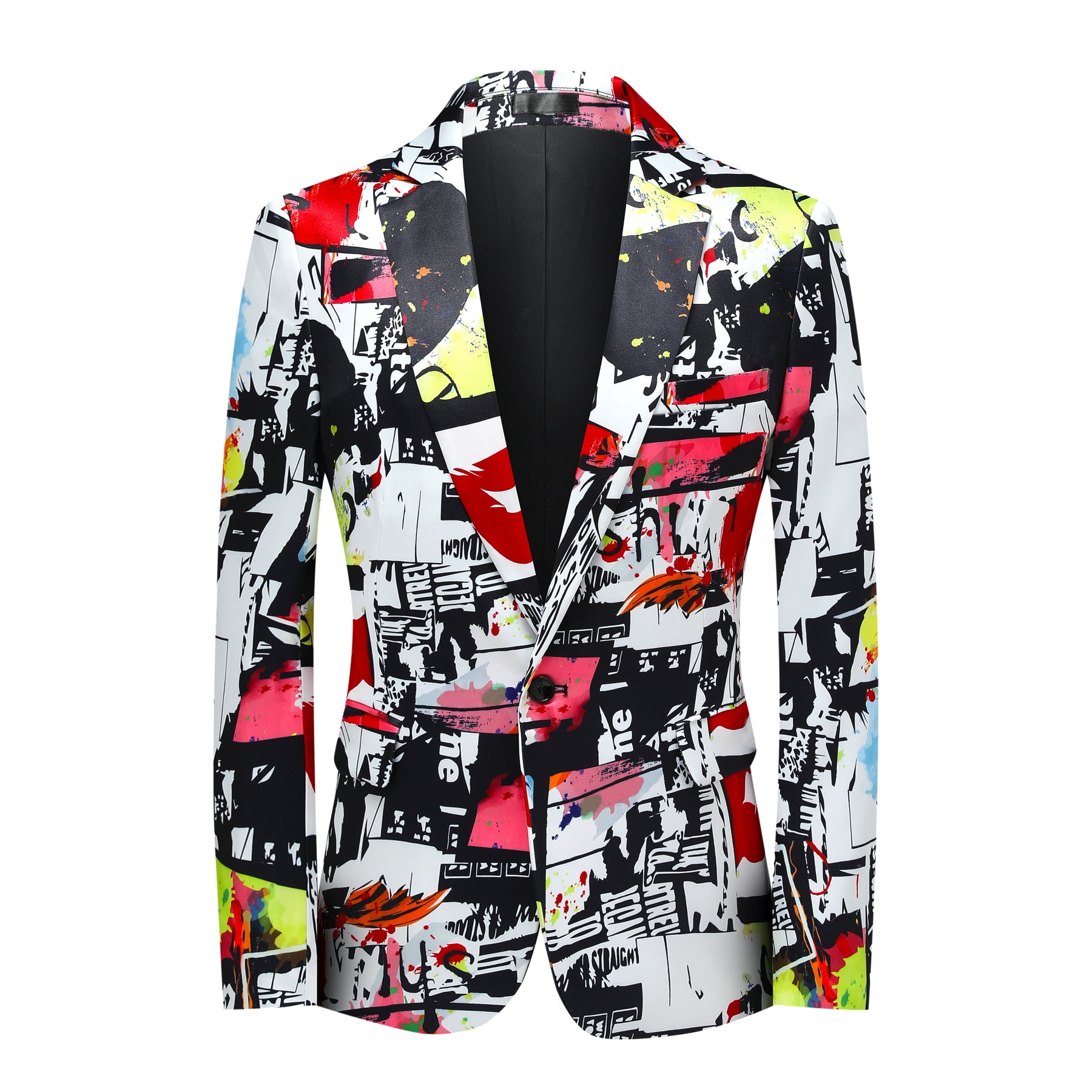 Multi # Men's slim fit one-button print blazer with notched lapel and single-breasted closure, fashionable random cut patterned sport coat with soft polyester viscose blend fabric for party, prom, banquet, wedding and special occasions, isolated on white background.