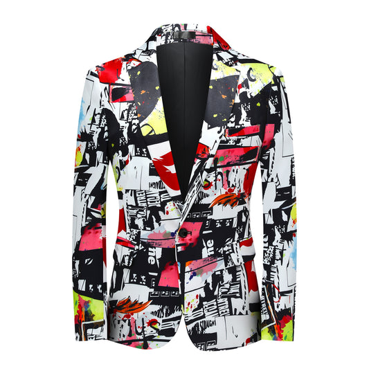 Multi # Men's slim fit one-button print blazer with notched lapel and single-breasted closure, fashionable random cut patterned sport coat with soft polyester viscose blend fabric for party, prom, banquet, wedding and special occasions, isolated on white background.