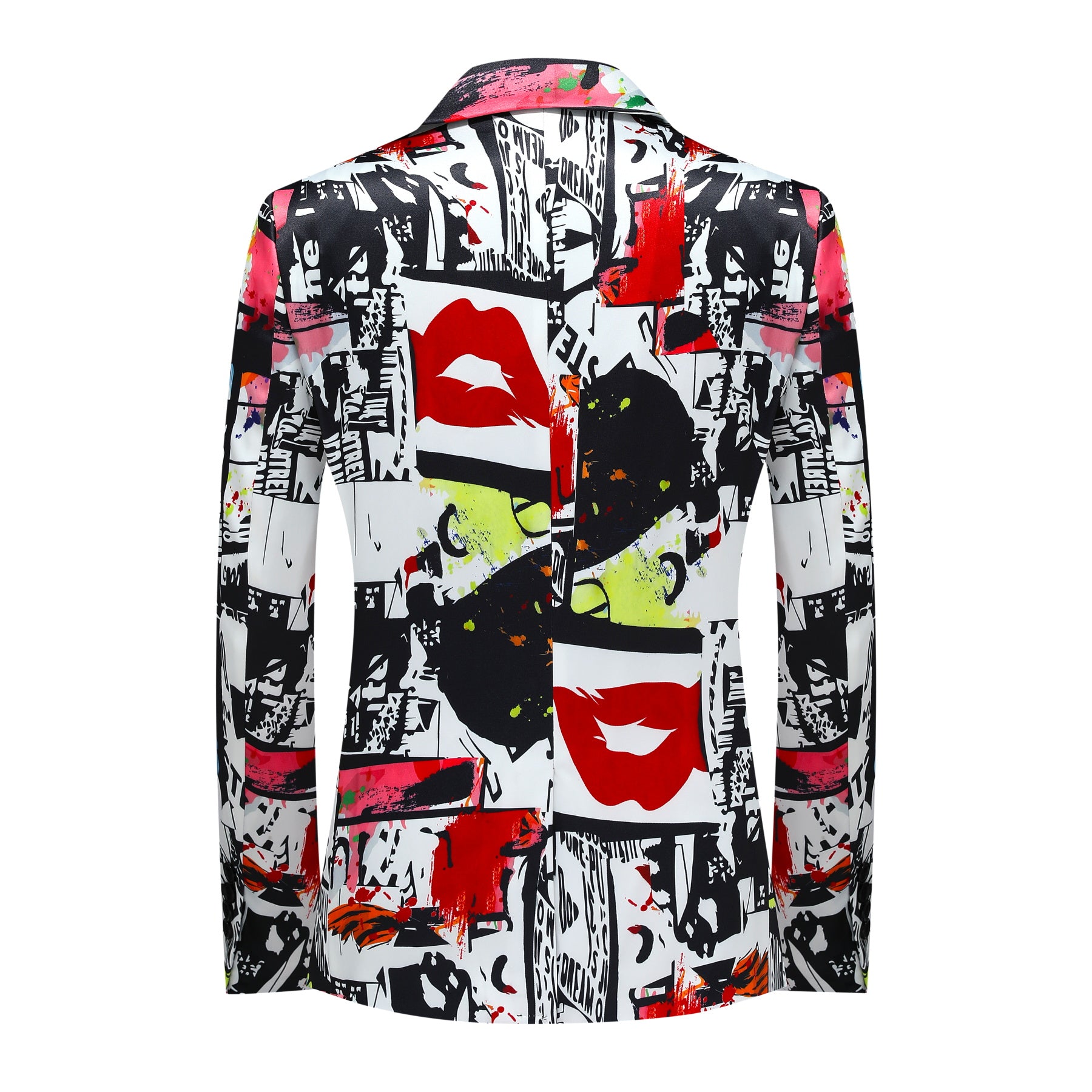 Multi # Men's slim fit one-button print blazer with notched lapel and single-breasted closure, fashionable random cut patterned sport coat with soft polyester viscose blend fabric for party, prom, banquet, wedding and special occasions, isolated on white background.