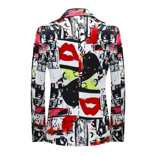 Multi # Men's slim fit one-button print blazer with notched lapel and single-breasted closure, fashionable random cut patterned sport coat with soft polyester viscose blend fabric for party, prom, banquet, wedding and special occasions, isolated on white background.