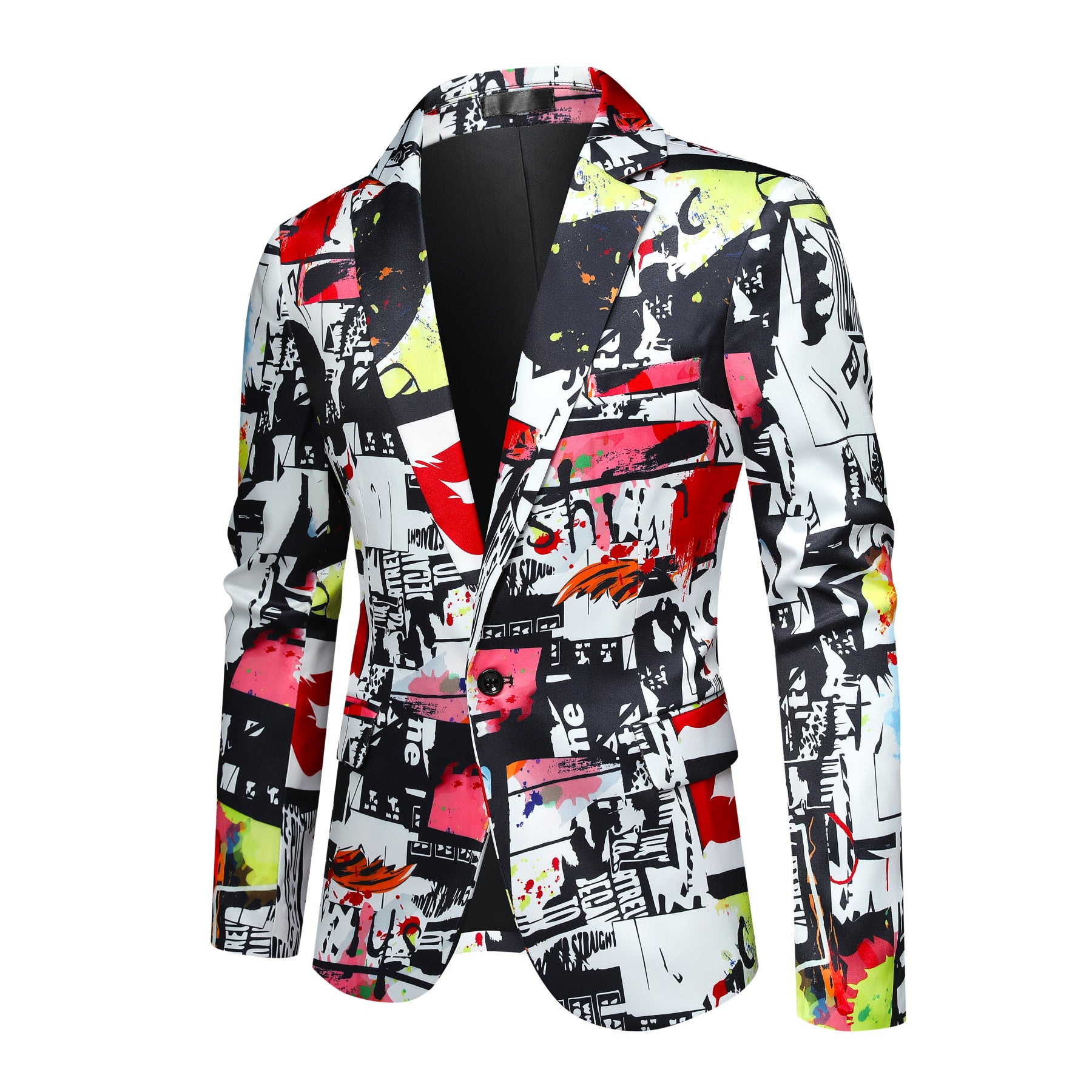 Multi # Men's slim fit one-button print blazer with notched lapel and single-breasted closure, fashionable random cut patterned sport coat with soft polyester viscose blend fabric for party, prom, banquet, wedding and special occasions, isolated on white background.