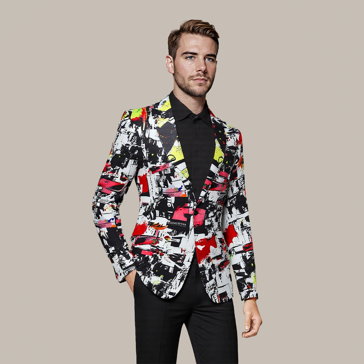 Multi # Men's slim fit one-button print blazer with notched lapel and single-breasted closure, fashionable random cut patterned sport coat with soft polyester viscose blend fabric for party, prom, banquet, wedding and special occasions, isolated on white background.