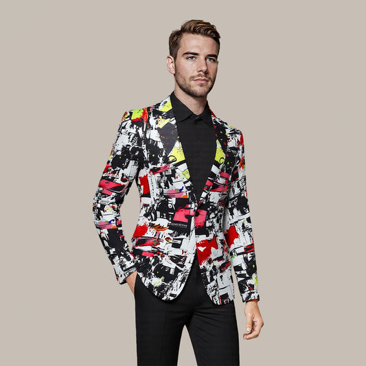 Multi # Men's slim fit one-button print blazer with notched lapel and single-breasted closure, fashionable random cut patterned sport coat with soft polyester viscose blend fabric for party, prom, banquet, wedding and special occasions, isolated on white background.