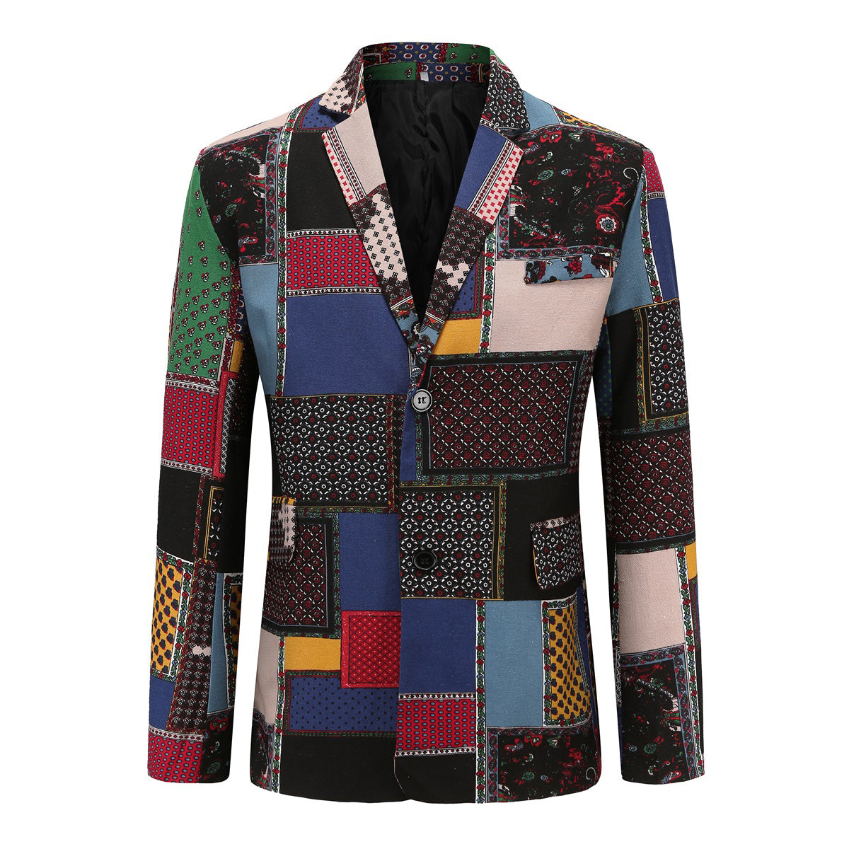 Navy # Men's ethnic style two-button casual blazer with notch lapel and single-breasted closure, soft and comfortable polyester spandex sport coat jacket for party, prom, banquet, performance and daily wear, isolated on white background.