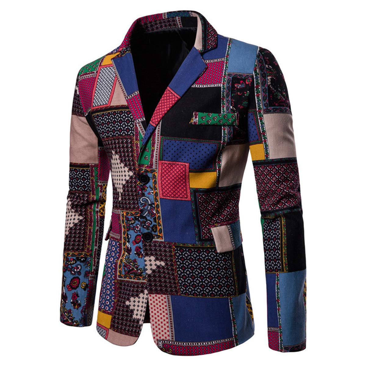Navy # Men's ethnic style two-button casual blazer with notch lapel and single-breasted closure, soft and comfortable polyester spandex sport coat jacket for party, prom, banquet, performance and daily wear, isolated on white background.