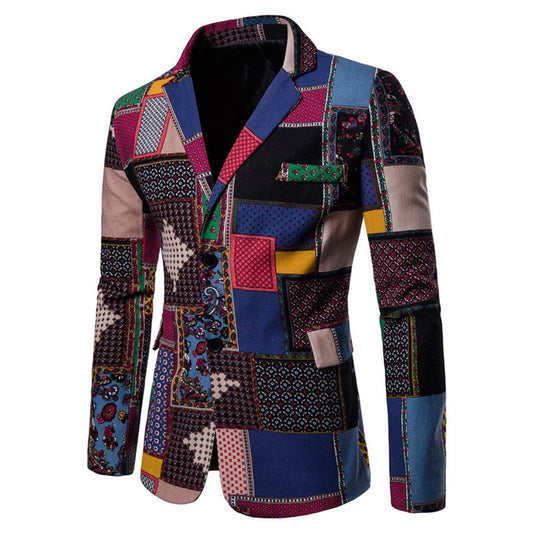 Navy # Men's ethnic style two-button casual blazer with notch lapel and single-breasted closure, soft and comfortable polyester spandex sport coat jacket for party, prom, banquet, performance and daily wear, isolated on white background.