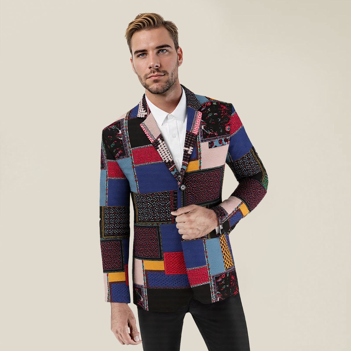 Navy # Men's ethnic style two-button casual blazer with notch lapel and single-breasted closure, soft and comfortable polyester spandex sport coat jacket for party, prom, banquet, performance and daily wear, isolated on white background.