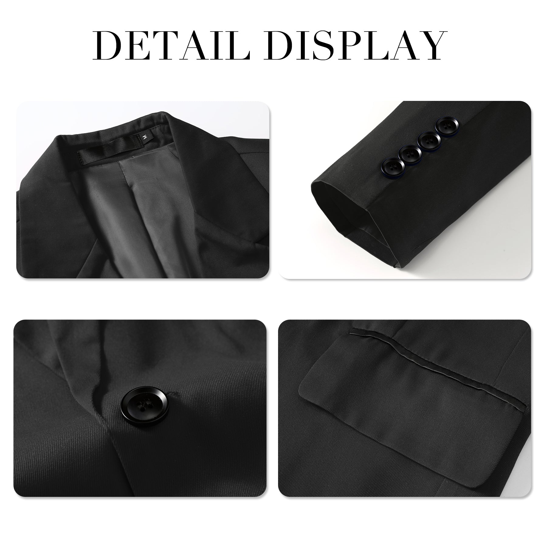 Black # Men's slim fit casual suit jacket lightweight blazer coat with notched lapel and center vent, black solid sport coat with 4-button cuffs, 2 flap pockets and 1 chest pocket, versatile polyester blazer for business, wedding, prom, party and daily wear, isolated on white background.