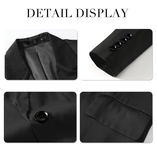Black # Men's slim fit casual suit jacket lightweight blazer coat with notched lapel and center vent, black solid sport coat with 4-button cuffs, 2 flap pockets and 1 chest pocket, versatile polyester blazer for business, wedding, prom, party and daily wear, isolated on white background.