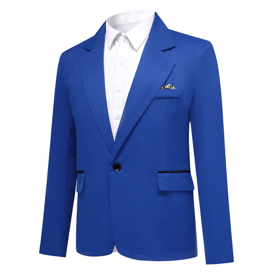 Blue # Men's slim fit lightweight blazer coat with notched lapel and center vent, blue casual suit jacket with 4-button cuffs, 2 flap pockets and 1 chest pocket, classic solid polyester sport coat for business, wedding, prom, party and daily wear, isolated on white background.