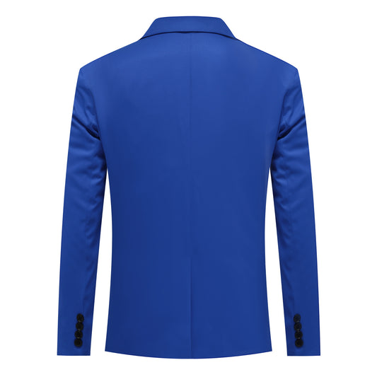 Blue # Men's slim fit lightweight blazer coat with notched lapel and center vent, blue casual suit jacket with 4-button cuffs, 2 flap pockets and 1 chest pocket, classic solid polyester sport coat for business, wedding, prom, party and daily wear, isolated on white background.