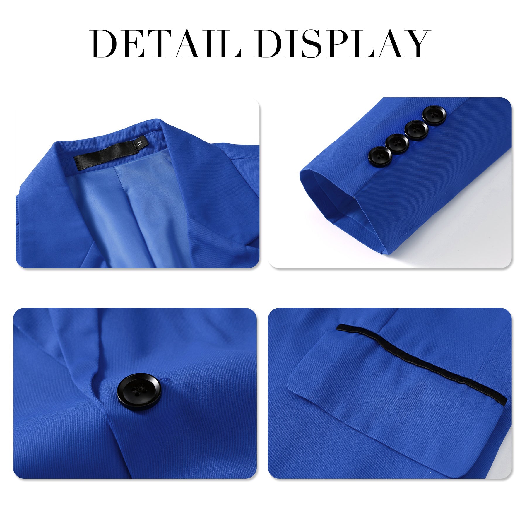 Blue # Men's slim fit lightweight blazer coat with notched lapel and center vent, blue casual suit jacket with 4-button cuffs, 2 flap pockets and 1 chest pocket, classic solid polyester sport coat for business, wedding, prom, party and daily wear, isolated on white background.Cloudstyle