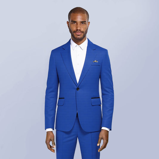 Blue # Men's slim fit lightweight blazer coat with notched lapel and center vent, blue casual suit jacket with 4-button cuffs, 2 flap pockets and 1 chest pocket, classic solid polyester sport coat for business, wedding, prom, party and daily wear, isolated on white background.