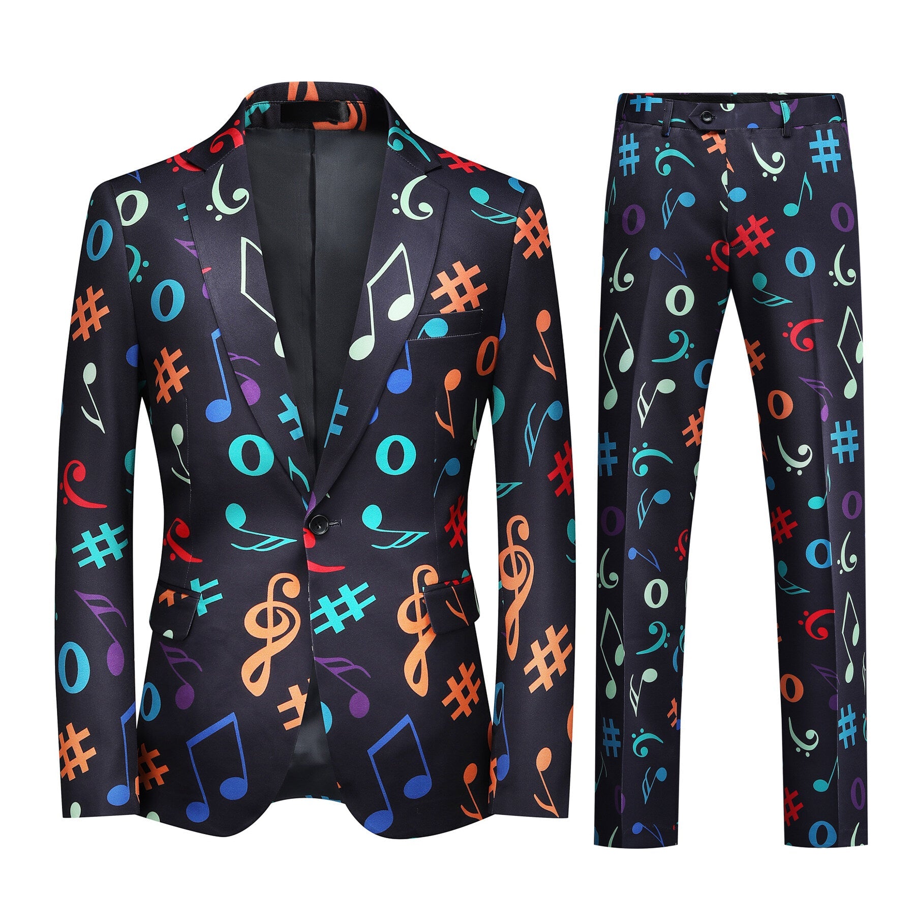 Black # Men's slim fit 2-piece music notes printed suit with notch lapel and single-breasted closure, black novelty print blazer jacket with matching trousers, creative musical note pattern formal wear for party, prom, wedding and daily wear, isolated on white background.