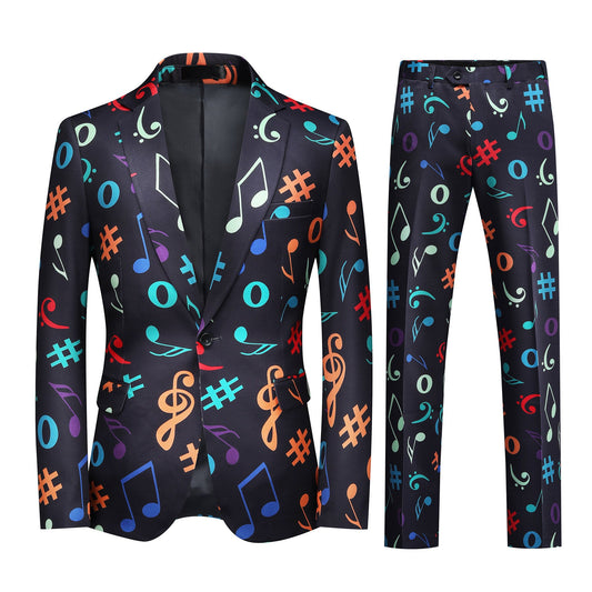Black # Men's slim fit 2-piece music notes printed suit with notch lapel and single-breasted closure, black novelty print blazer jacket with matching trousers, creative musical note pattern formal wear for party, prom, wedding and daily wear, isolated on white background.