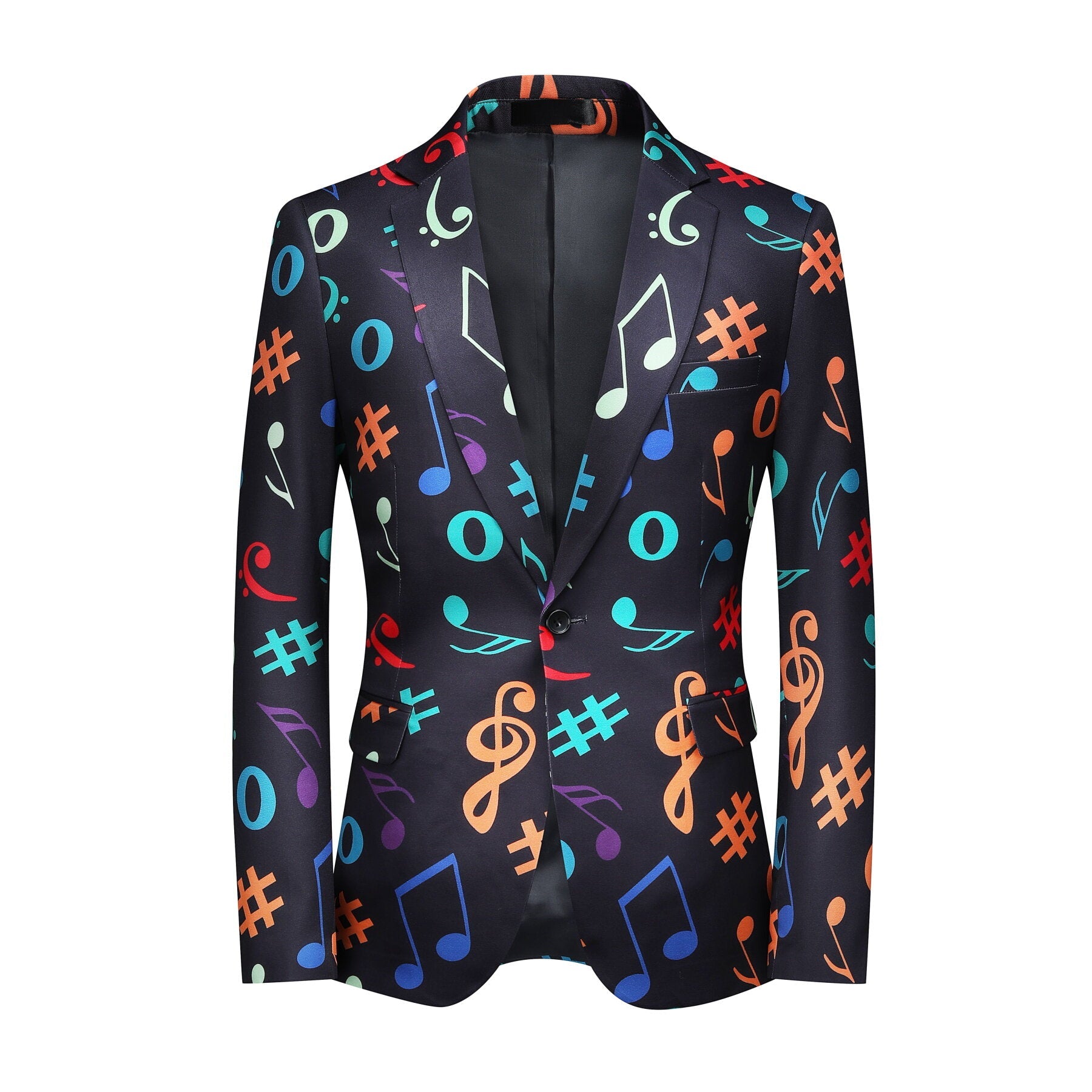 Black # Men's slim fit 2-piece music notes printed suit with notch lapel and single-breasted closure, black novelty print blazer jacket with matching trousers, creative musical note pattern formal wear for party, prom, wedding and daily wear, isolated on white background.
